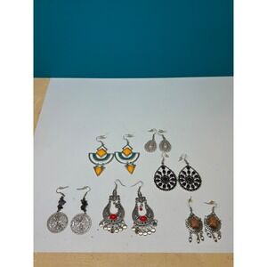 Bohemian Dangle Earring Lot 6 Pairs Silver Tone Tribal Geometric‎ Festival Style
